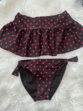 George Black Bikini Set with Pink Polka Dots and Skirted Top